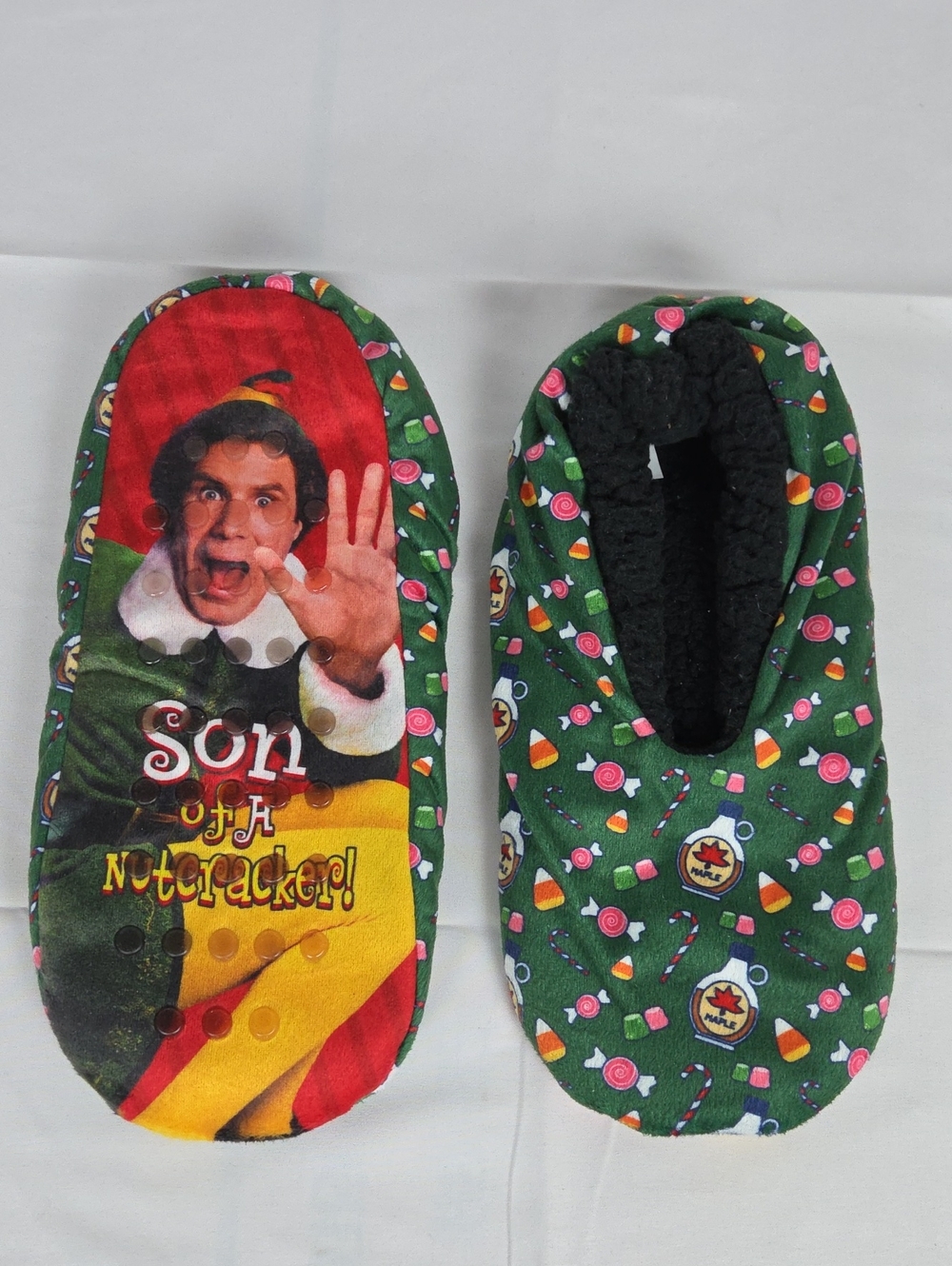 Green Elf-Themed Kids Footie Slippers